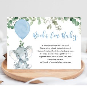 Cartão De Informações Elefante verde azul balão livros para bebê encl