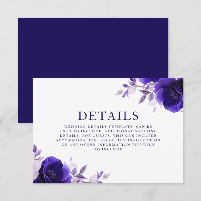 Cartão De Informações Elegância Azul: Detalhes do Casamento de Rosas Nav (Frente/Verso)