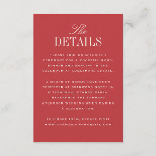 Cartão De Informações Elegância Clássica Vermelha Detalhes do Casamento