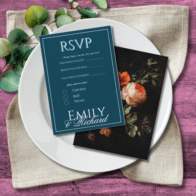 Cartão De Informações Elegant Antique Floral Wedding RSVP Meal Choices  (Criador carregado)