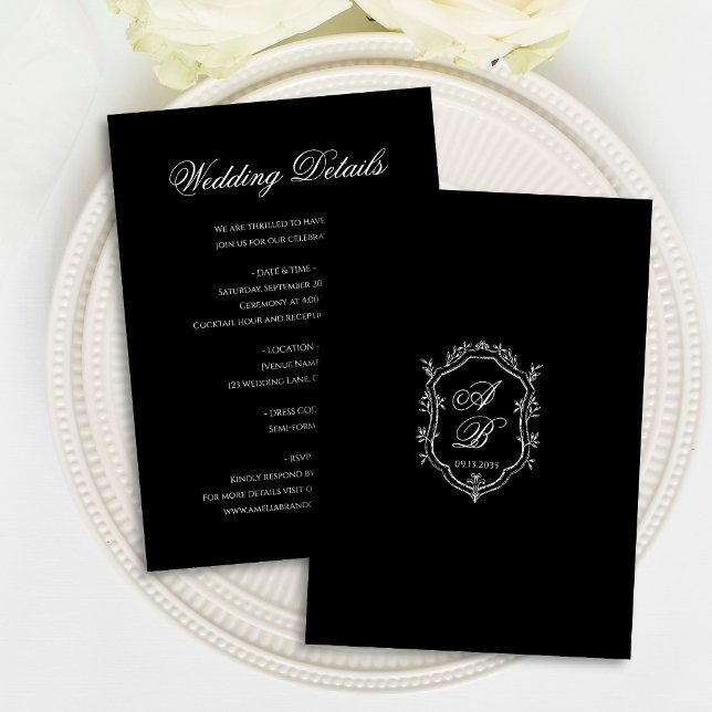 Cartão De Informações Elegant Black Floral Crest Monogram Script Wedding (Criador carregado)