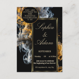 Cartão De Informações Elegant Black & Gold Wedding Invitation