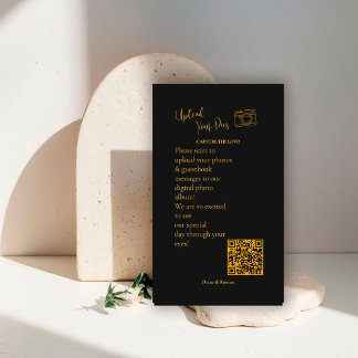 Cartão De Informações Elegant Black Gold Wedding Photo Sharing QR Code  