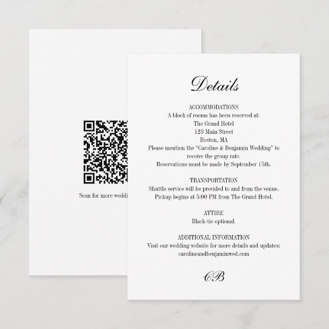 Cartão De Informações Elegant Black White Script Monogram QR Wedding (Frente/Verso)