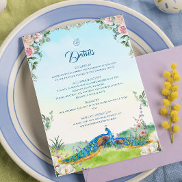 Cartão De Informações Elegant Blue Peacock Botanical Wedding Style
