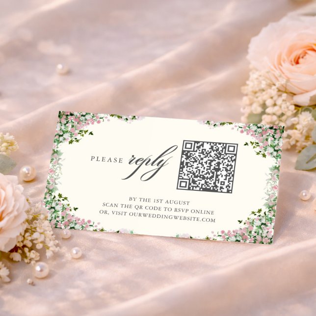 Cartão De Informações Elegant Blush Garden Wedding QR code RSVP Card (Criador carregado)