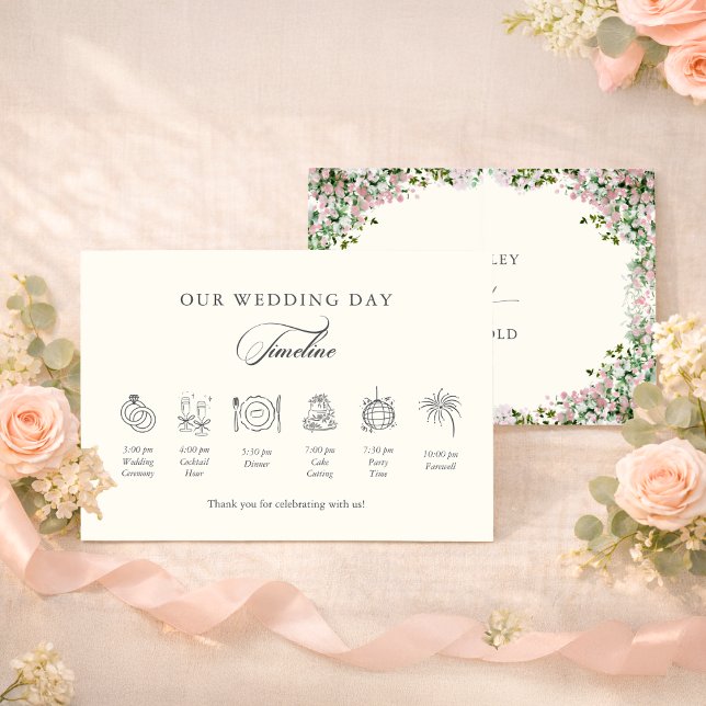 Cartão De Informações Elegant Blush Garden Wedding Timeline (Criador carregado)