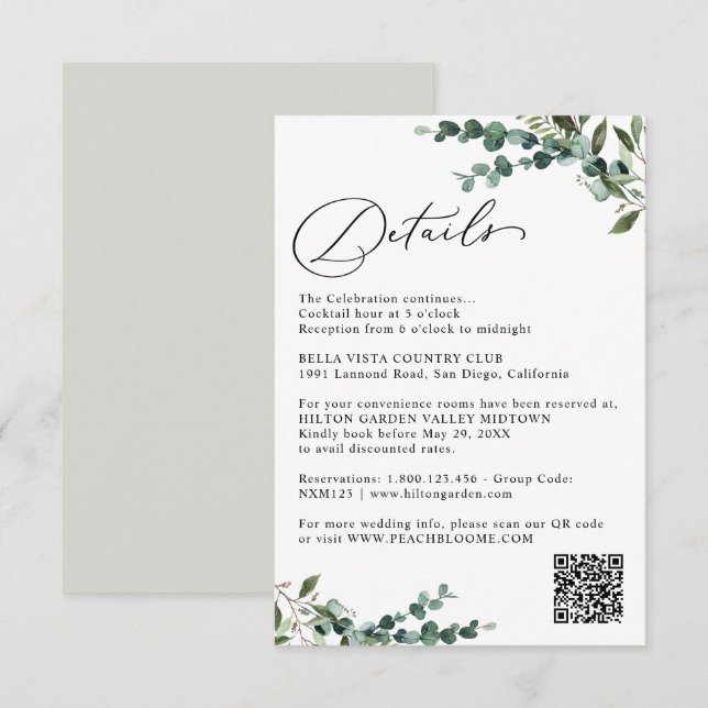 Cartão De Informações Elegant Botanical Greenery QR Code Wedding Details (Frente/Verso)