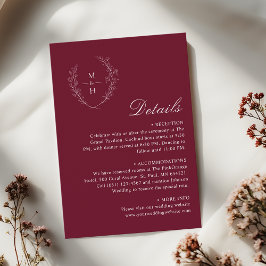 Cartão De Informações Elegant Burgundy Boho Monogram Wedding Details