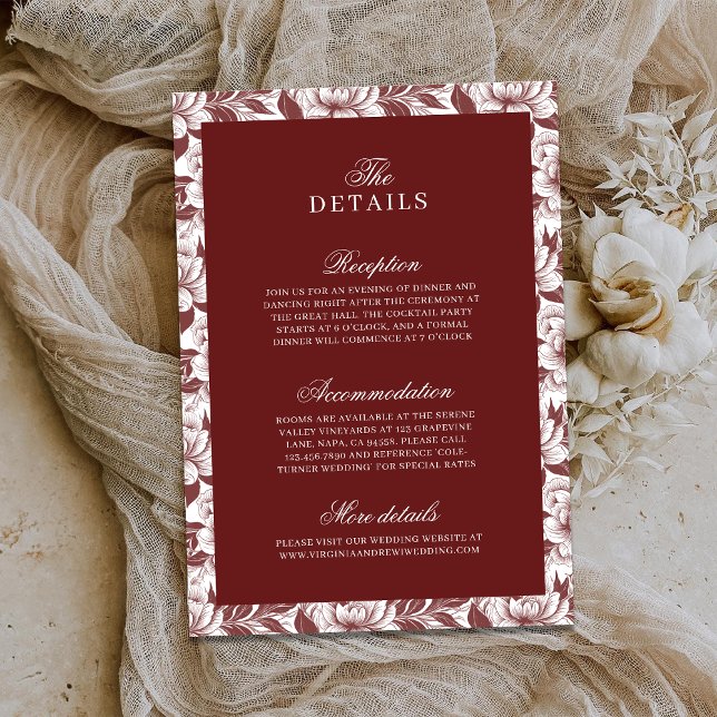 Cartão De Informações Elegant Burgundy Luxury Old Money Wedding Details (Criador carregado)