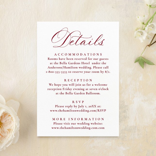 Cartão De Informações Elegant Burgundy Victorian Floral Wedding Details (Criador carregado)