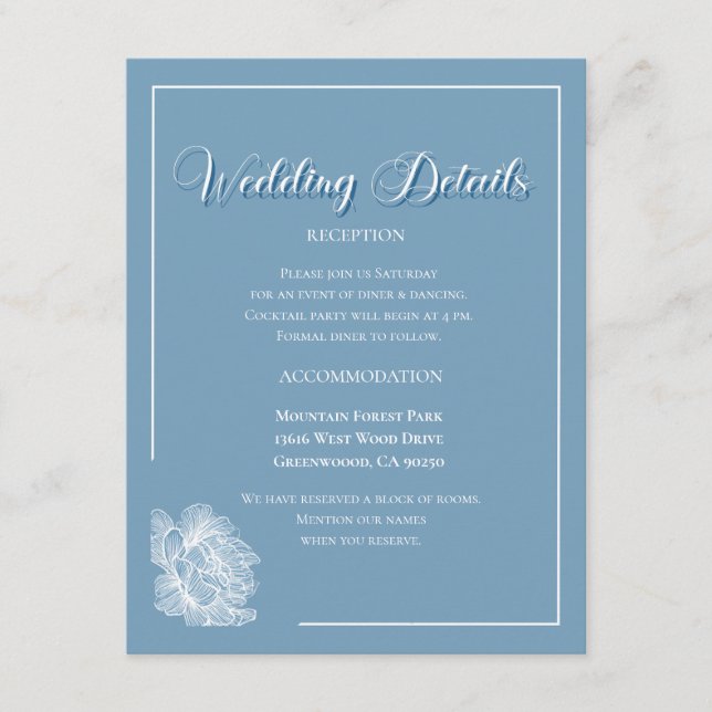 Cartão De Informações Elegant Calligraphy Dusty Blue Floral Wedding (Frente)
