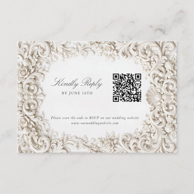 Cartão De Informações Elegant Classy Baroque Frame RSVP with QR Code (Frente)