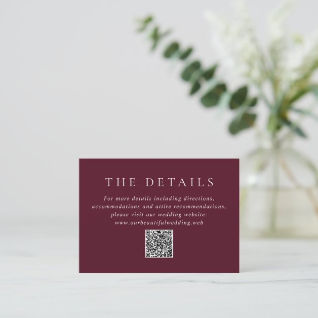 Cartão De Informações Elegant Deep Burgundy QR Code Classic Wedding (Em pé/Frente)
