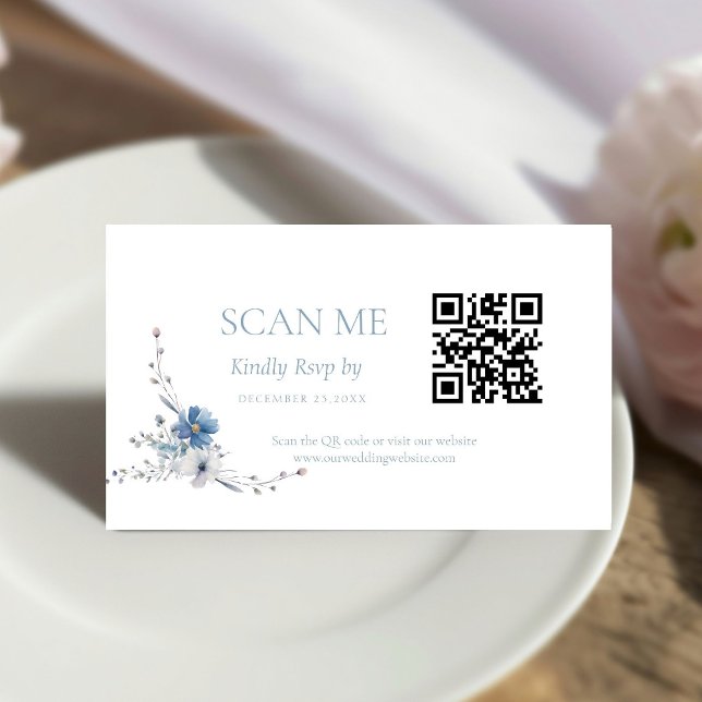 Cartão De Informações Elegant Dusty Blue Floral Spring Bloom Wedding (Criador carregado)