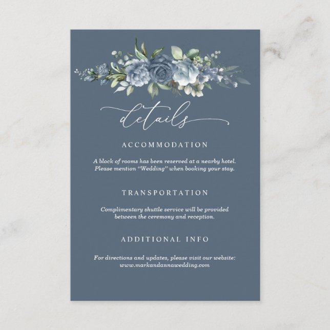 Cartão De Informações Elegant Dusty Blue Floral Wedding Enclosure Card (Frente)