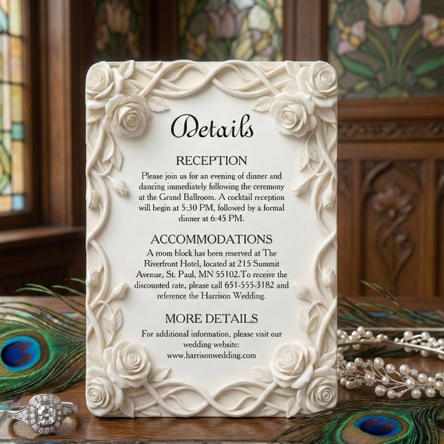 Cartão De Informações Elegant Faux Plaster Floral Relief Formal Wedding (Criador carregado)
