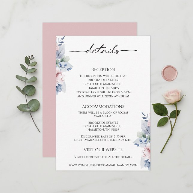 Cartão De Informações Elegant Floral Botanical Reception Details Card (Elegant Floral Botanical Reception Details Card)