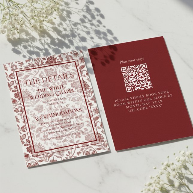 Cartão De Informações Elegant Floral Toile QR Code Wedding Details (Formally invite guests to your big day with this Elegant Floral Toile QR Code Wedding Details Card!)