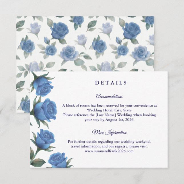 Cartão De Informações Elegant French Blue Rose Watercolor Wedding (Frente/Verso)