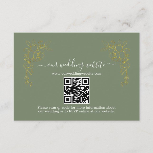 Cartão De Informações Elegant Gold Floral Sage Green QR Code Wedding  (Frente)