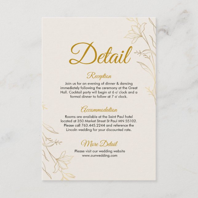 Cartão De Informações Elegant Gold Floral Wedding Details Enclosure Card (Frente)