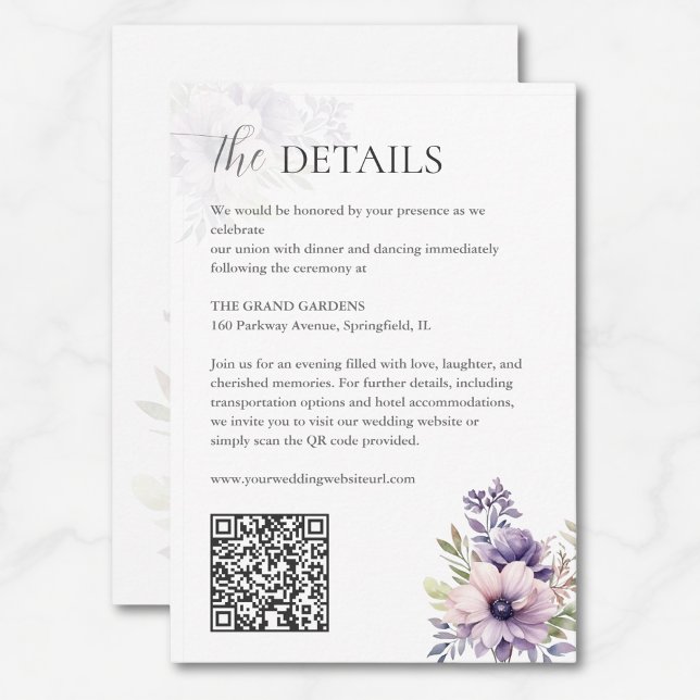 Cartão De Informações Elegant Lavender Floral Wedding Details QR Code  (Criador carregado)