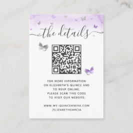 Cartão De Informações Elegant Light Purple Silver Butterfly RSVP QR Code