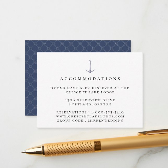 Cartão De Informações Elegant Nautical Anchor Wedding Accommodations (Frente/Verso In Situ)