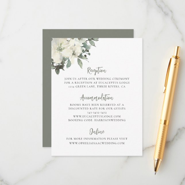 Cartão De Informações Elegant Olive Green Floral Wedding Enclosure Card (Frente/Verso In Situ)
