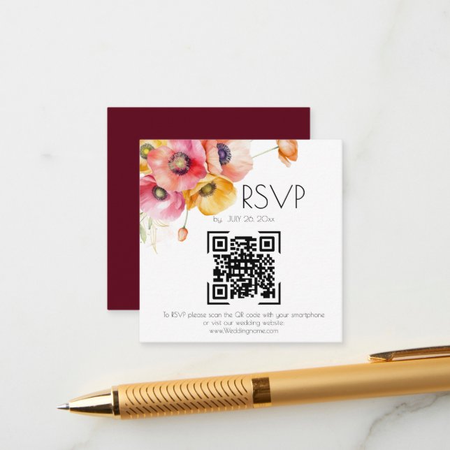 Cartão De Informações Elegant Poppies Floral QR Code Wedding RSVP  (Frente/Verso In Situ)