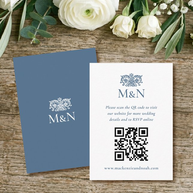 Cartão De Informações Elegant RSVP Wedding Monogram QR Code Blue White (Criador carregado)