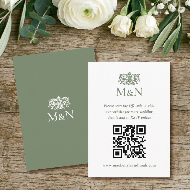 Cartão De Informações Elegant RSVP Wedding Monogram QR Code Green (Criador carregado)