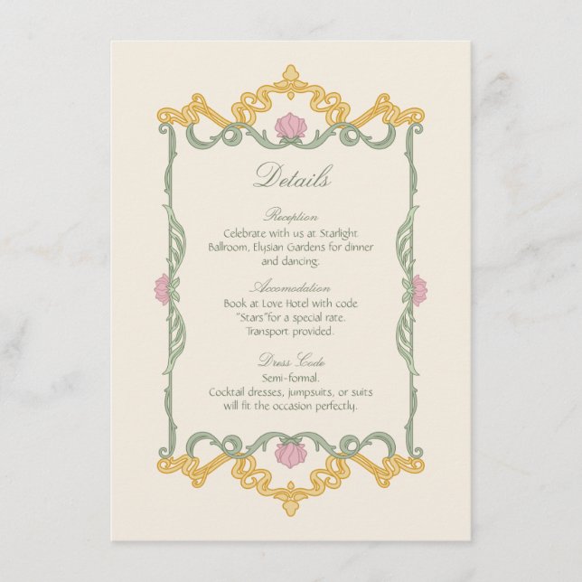 Cartão De Informações Elegant Sage Green and Gold Art Nouveau (Frente)