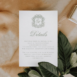 Cartão De Informações Elegant Sage Green Monogram Crest Wedding Details