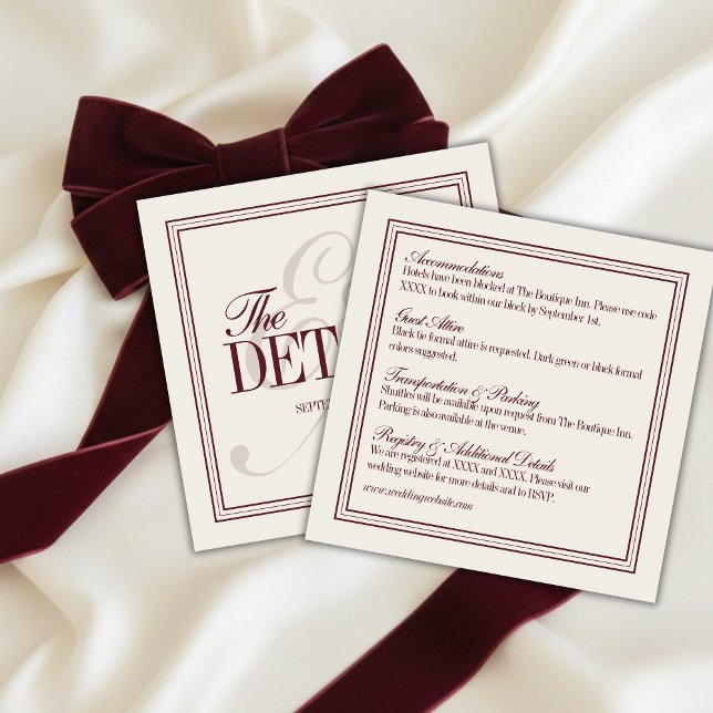 Cartão De Informações Elegant Script Burgundy Red Formal Wedding Details (Elegant Script Burgundy Red Formal Wedding Details Enclosure Card)