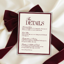 Cartão De Informações Elegant Script Burgundy Red Formal Wedding Details