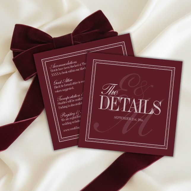 Cartão De Informações Elegant Script Burgundy Red Formal Wedding Details (Elegant Script Burgundy Red Formal Wedding Details Enclosure Card)