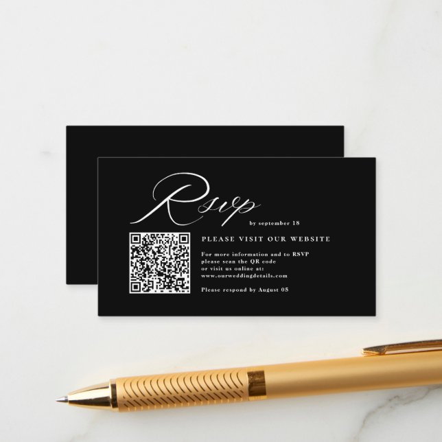 Cartão De Informações Elegant Script Calligraphy & QR Code Wedding RSVP  (Frente/Verso In Situ)