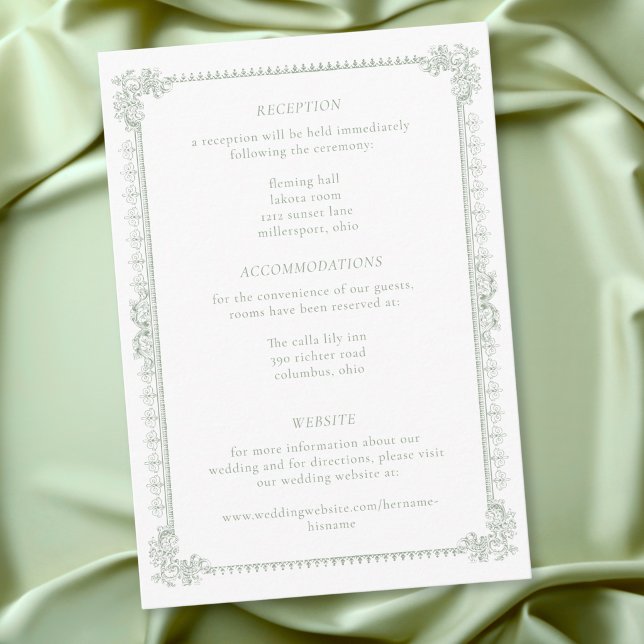 Cartão De Informações Elegant Vintage Baroque Sage Green Wedding (Elegant Vintage Baroque Sage Green Wedding Enclosure Card)