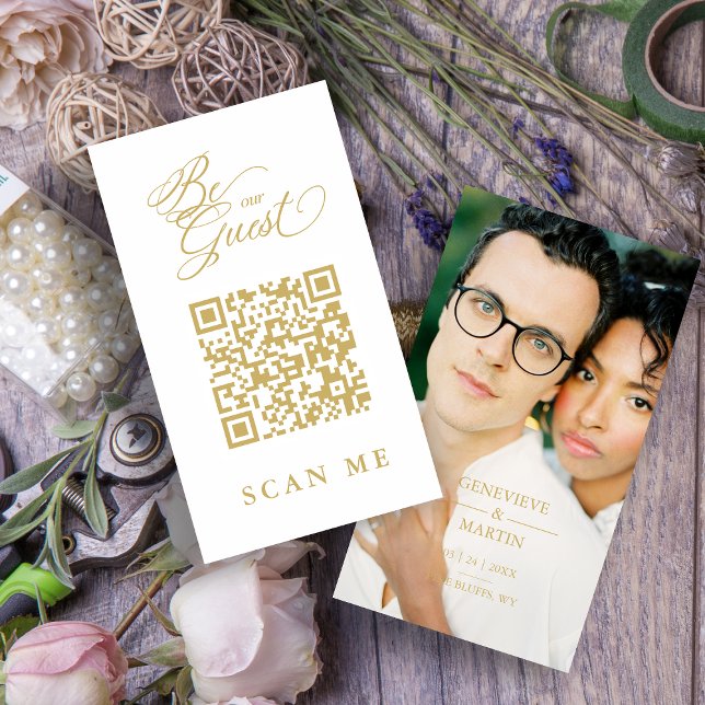 Cartão De Informações Elegant Whimsical Script Photo Qr Code Wedding (Criador carregado)