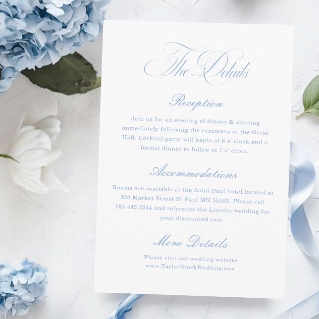 Cartão De Informações Elegant White and Dusty Blue Wedding Details  (Criador carregado)