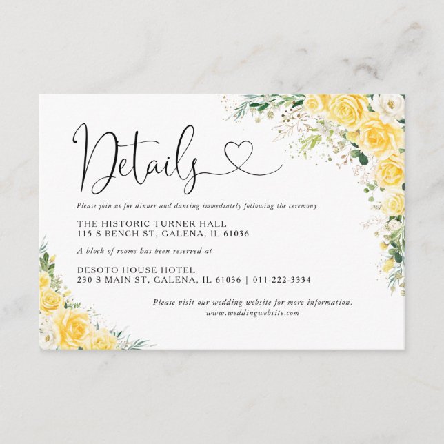 Cartão De Informações Elegant Yellow Wedding Details Card (Frente)