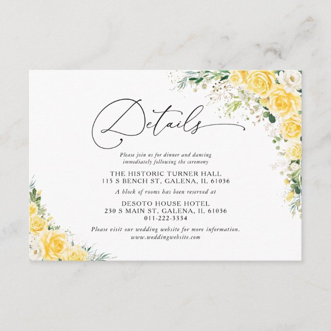 Cartão De Informações Elegant Yellow Wedding Details Card (Frente)
