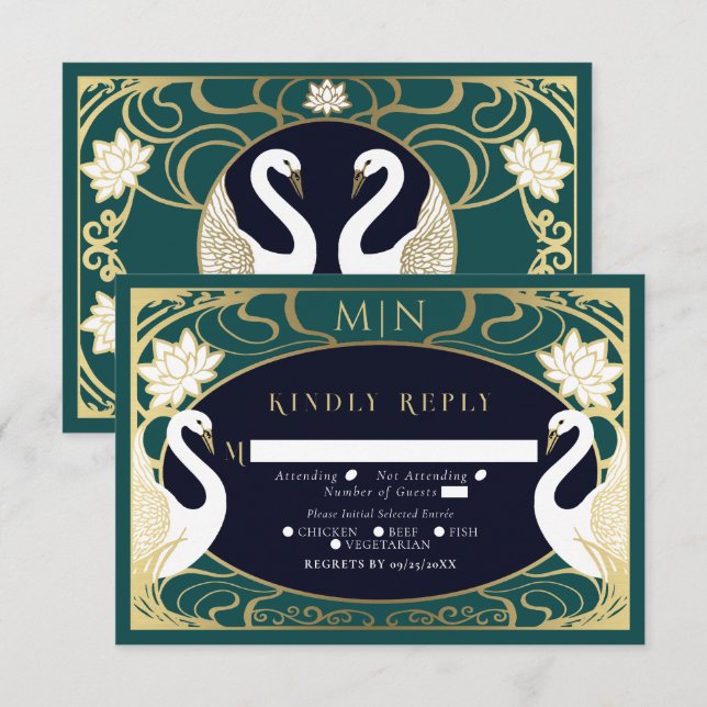 Cartão De Informações Elegante Art Nouveau Swans Wedding RSVP (Frente/Verso)