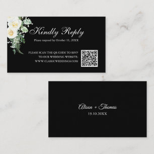 Cartão De Informações Elegante Black Minimalist Floral Weding RSVP QR
