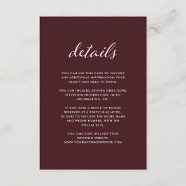 Cartão De Informações Elegante Burgundy | Detalhes do Convidado de Casam