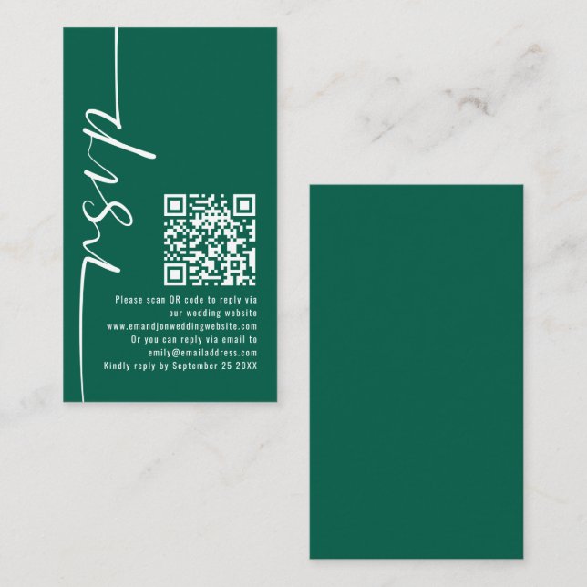 Cartão De Informações Elegante Caligrafia QR Code Emerald Wedding RSVP (Frente/Verso)