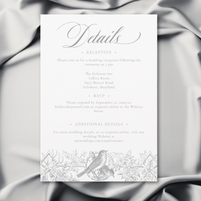 Cartão De Informações Elegante Cinza Chinoiserie Natureza & Pássaros Cas (Elegant Gray Chinoiserie Nature & Birds Wedding Enclosure Card)