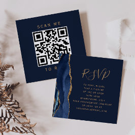 Cartão De Informações Elegante Código QR de RSVP de Casamento em Azul Na